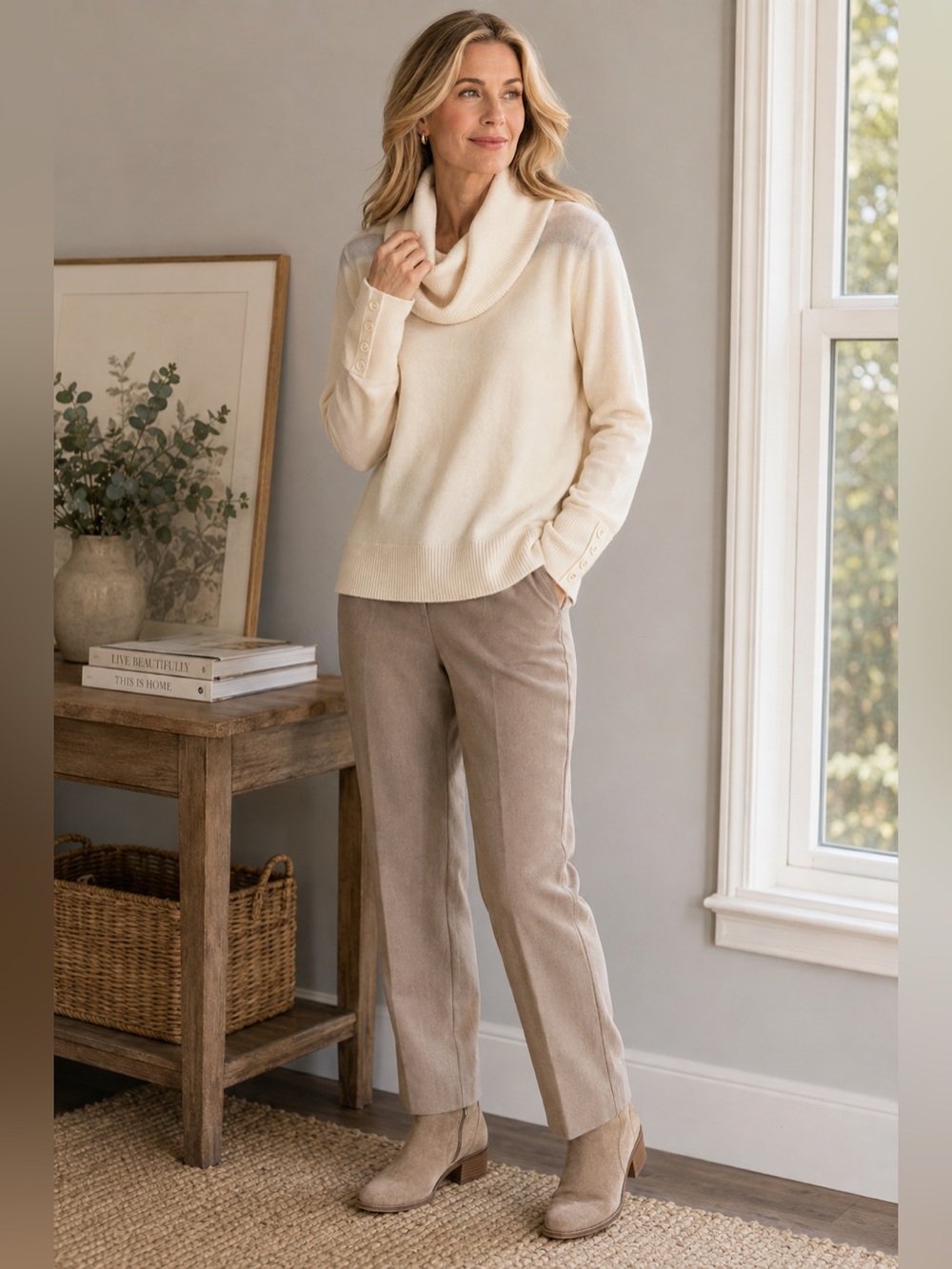 Talbots NWT 100% Pure Merino Wool Cowl Neck Sweater Ivory Button Cuff L Classic
